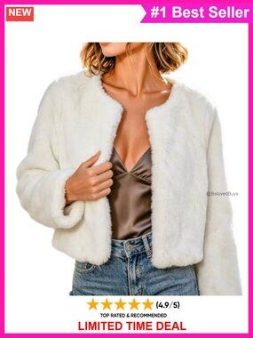 Faux Fur Cropped Shaggy Coat Hook Closure Slim Fit Women's